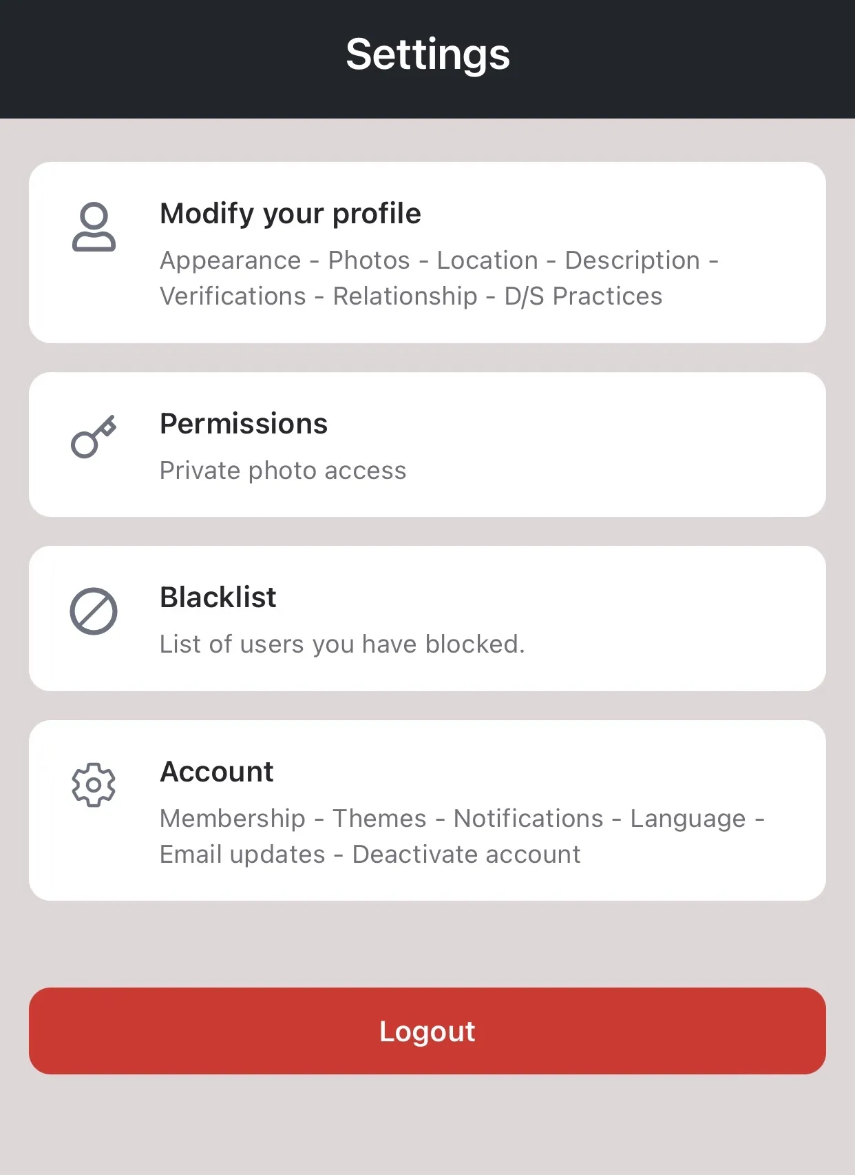Settings page